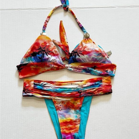 Brazilian Conal  Tropical Tie Dye Cheeky Bikini Swim set Made in Brazil Sz S - Picture 1 of 6